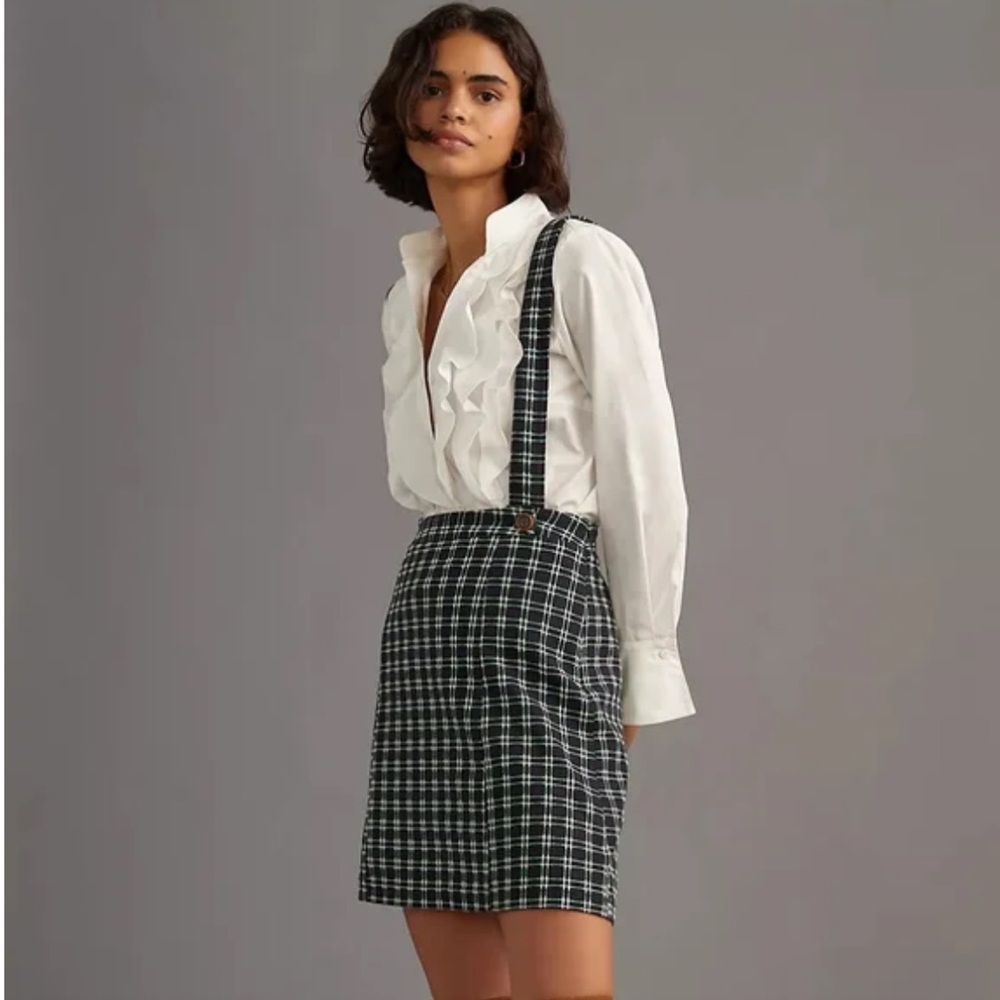 Anthropologie Maeve Navy Green Plaid Pinafore Mini Skirt, Size 8, NWT
